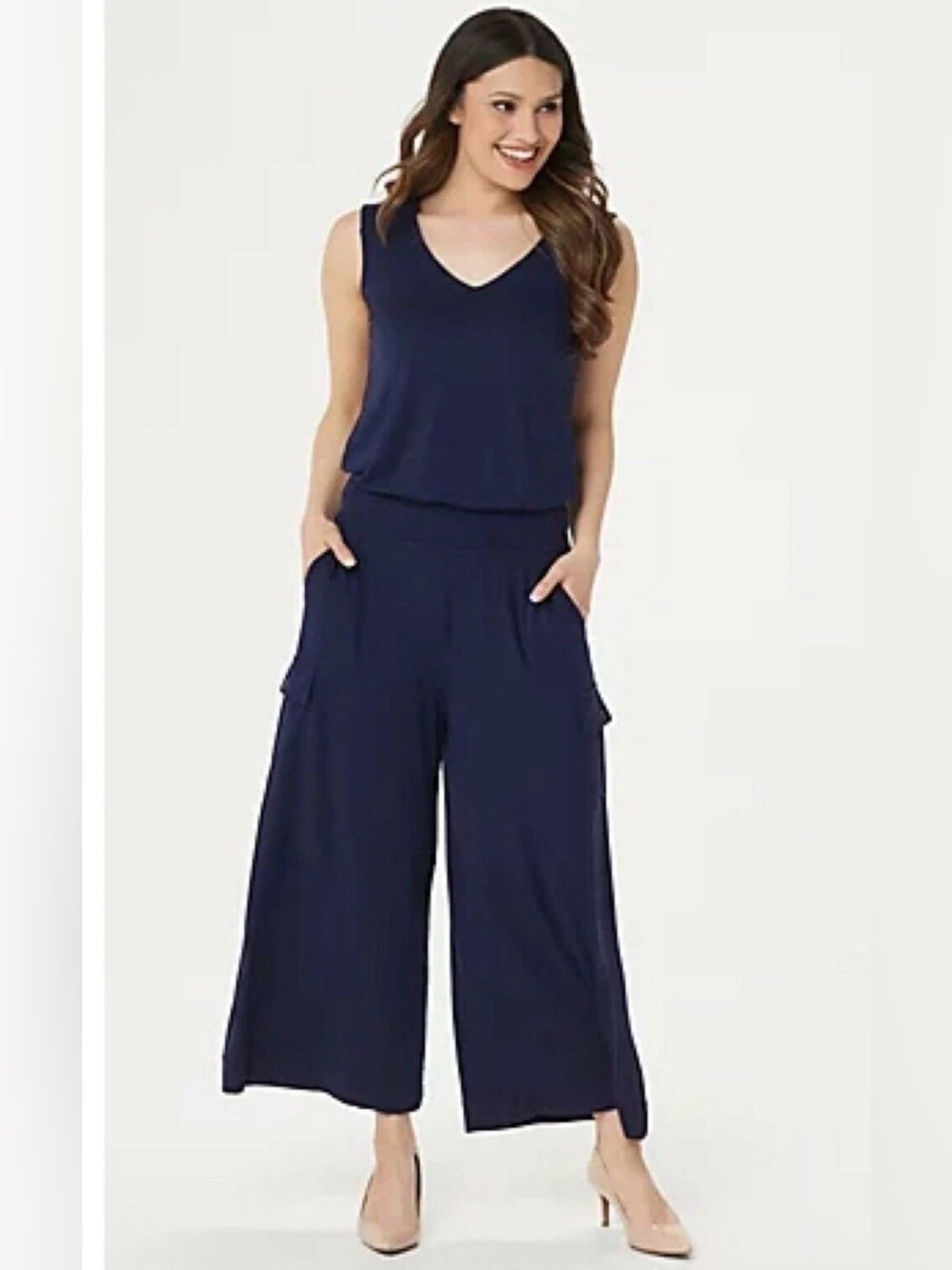 Lisa Rinna Collection Navy V-Neck Wide-Leg Jumpsuit